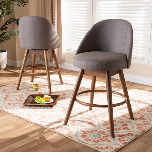 Baxton Studio Carra Grey Upholstered Walnut-Finished Wood Swivel Counter Stool, PK2 - 157-9652