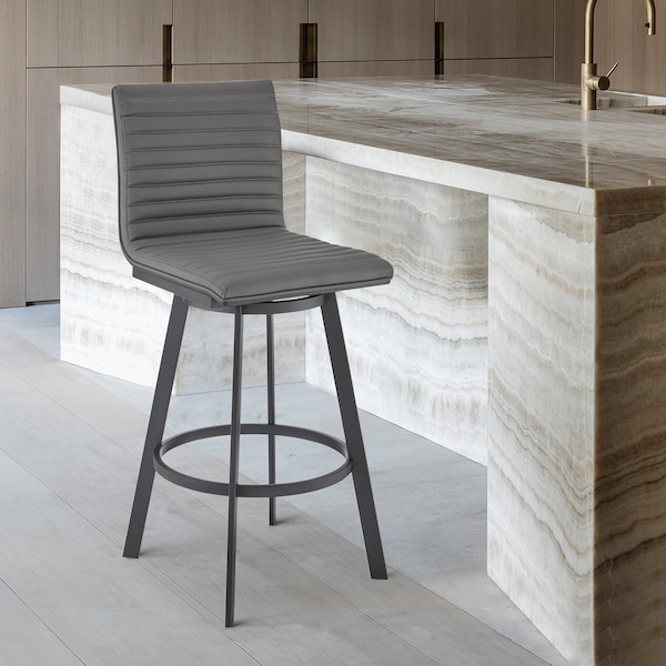 Armen Living Nikole 26" Counter Height Swivel Bar Stool in Matt Black Finish with Gray Faux Leather - LCNKBABLBLGR26