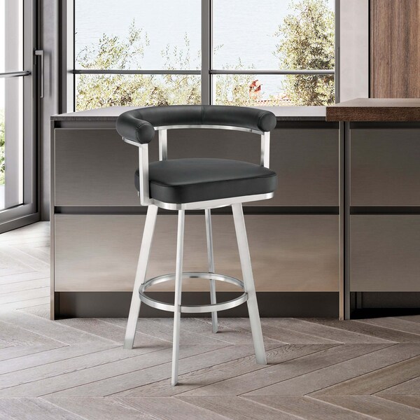 Armen Living Magnolia 26in Swivel Counter Stool in Brushed Stainless Steel with Black Faux Leather - LCMGBABSBLK26