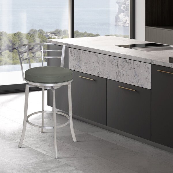 Armen Living Viper 26" Counter Height Swivel Gray Faux Leather and Brushed Stainless Steel Bar Stool - LCVI26BAGR