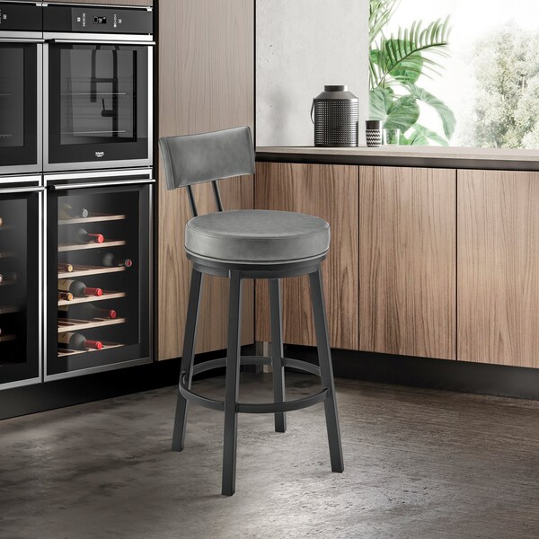 Armen Living Dalza Swivel Bar Stool in Black Finish with Gray Faux Leather - 840254333550
