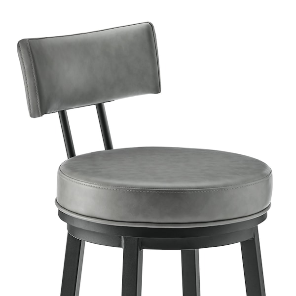 Armen Living Dalza Swivel Bar Stool in Black Finish with Gray Faux Leather - 840254333550