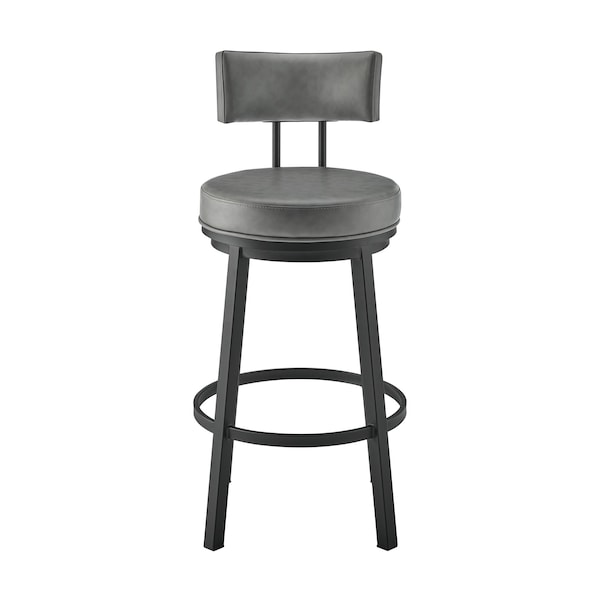 Armen Living Dalza Swivel Bar Stool in Black Finish with Gray Faux Leather - 840254333550