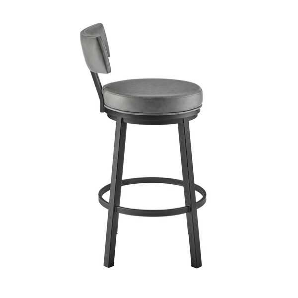 Armen Living Dalza Swivel Bar Stool in Black Finish with Gray Faux Leather - 840254333550