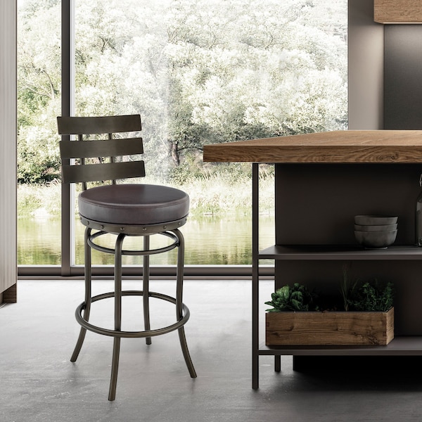 Armen Living Natya Swivel Counter or Bar Stool in Mocha Finish with Brown Faux Leather - 840254333659