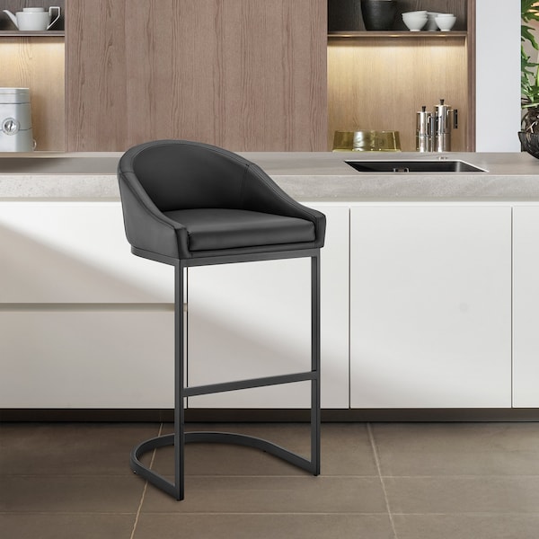 Armen Living Atherik Counter Stool in Black Metal with Black Faux Leather - 840254335882