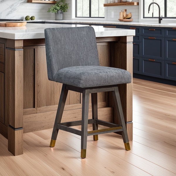 Armen Living Basila Swivel Counter Stool in Gray Oak Wood Finish with Gray Fabric - 840254332232