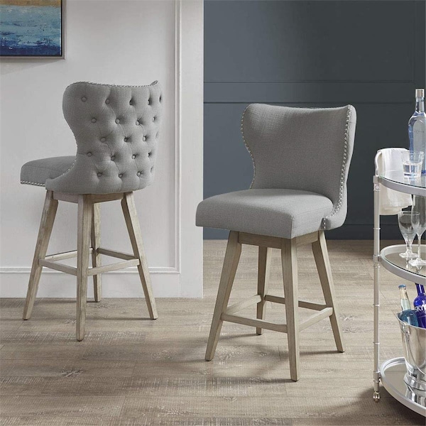 Madison Park 27 in. High Wingback Button Tufted Upholstered Swivel Counter Bar Stool with Nailhead Accent - Grey - MP104-0716