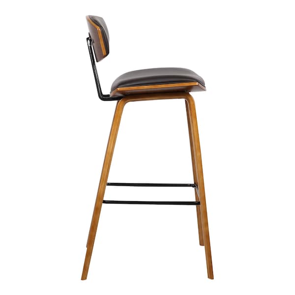 Armen Living Fox 25.5" Counter Height Brown Faux Leather and Walnut Wood Mid-Century Modern Bar Stool - LCFOBAWABR26