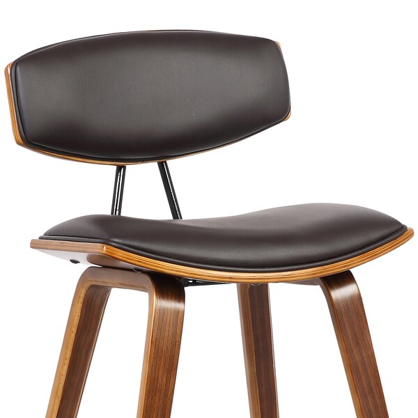 Armen Living Fox 25.5" Counter Height Brown Faux Leather and Walnut Wood Mid-Century Modern Bar Stool - LCFOBAWABR26