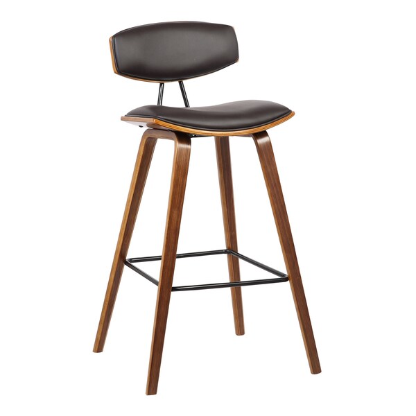 Armen Living Fox 25.5" Counter Height Brown Faux Leather and Walnut Wood Mid-Century Modern Bar Stool - LCFOBAWABR26