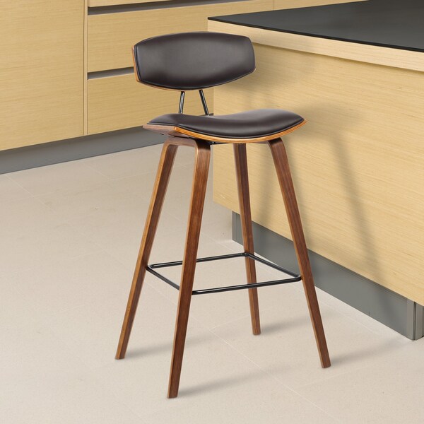 Armen Living Fox 25.5" Counter Height Brown Faux Leather and Walnut Wood Mid-Century Modern Bar Stool - LCFOBAWABR26