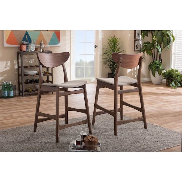 Baxton Studio Latina Grey Upholstered Walnut Finishing 24" Counter Stool, PK2 - 123-6801