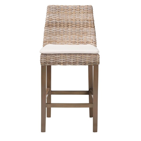 Bali & Pari Toby Modern Bohemian Grey Kubu Rattan and Rustic Taupe Finished Mahogany Wood Counter Stool - 245-13715-ZORO