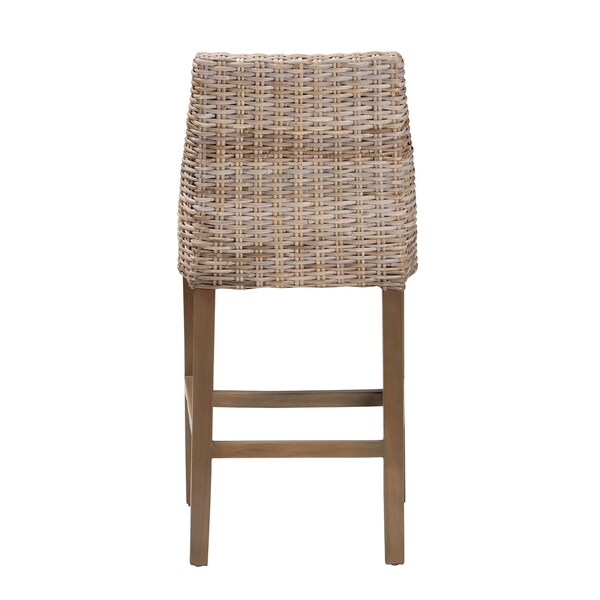 Bali & Pari Toby Modern Bohemian Grey Kubu Rattan and Rustic Taupe Finished Mahogany Wood Counter Stool - 245-13715-ZORO
