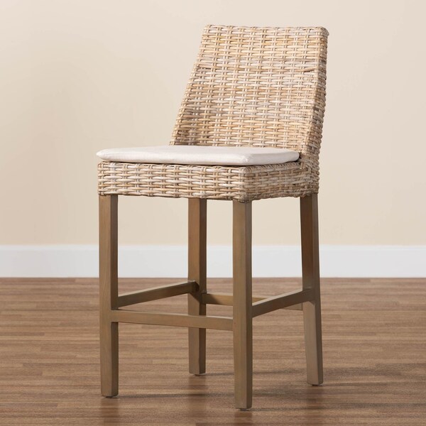 Bali & Pari Toby Modern Bohemian Grey Kubu Rattan and Rustic Taupe Finished Mahogany Wood Counter Stool - 245-13715-ZORO