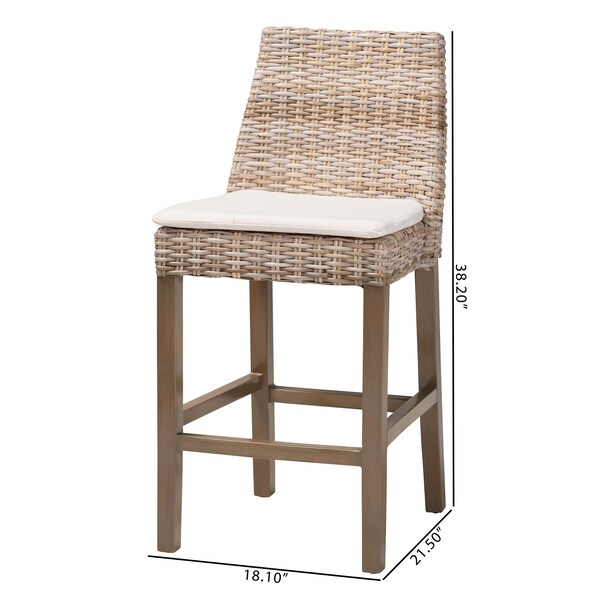 Bali & Pari Toby Modern Bohemian Grey Kubu Rattan and Rustic Taupe Finished Mahogany Wood Counter Stool - 245-13715-ZORO