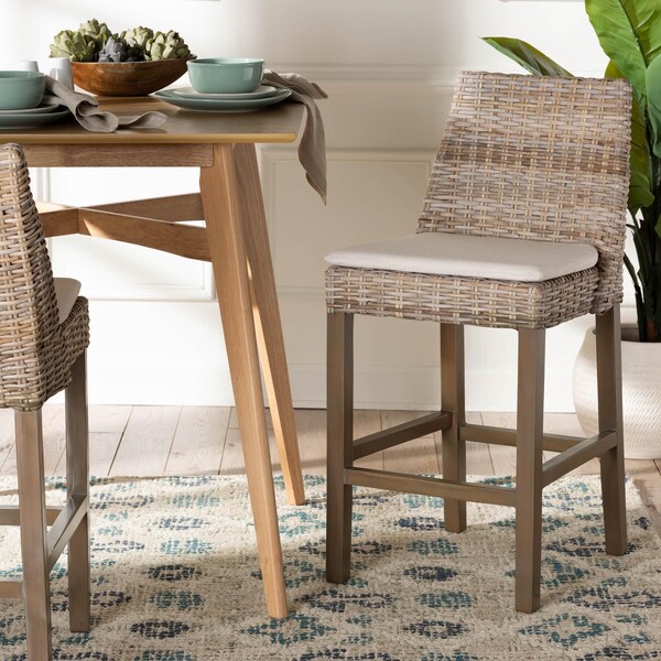 Bali & Pari Toby Modern Bohemian Grey Kubu Rattan and Rustic Taupe Finished Mahogany Wood Counter Stool - 245-13715-ZORO