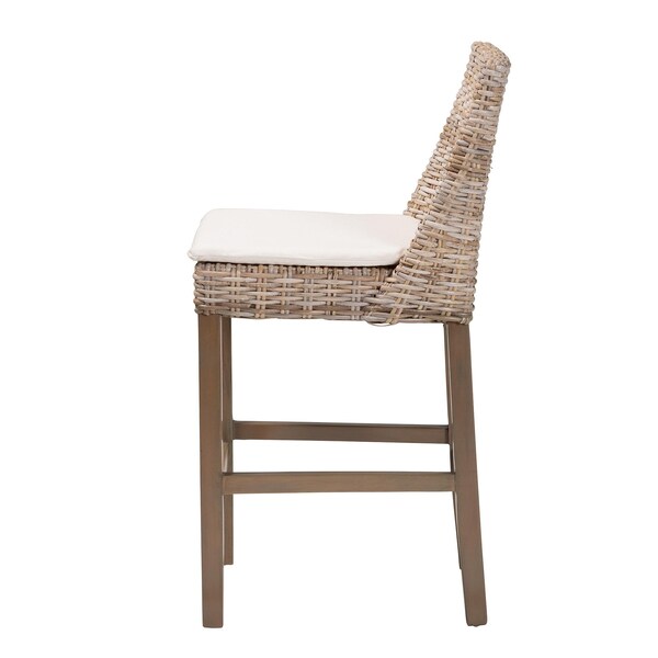 Bali & Pari Toby Modern Bohemian Grey Kubu Rattan and Rustic Taupe Finished Mahogany Wood Counter Stool - 245-13715-ZORO