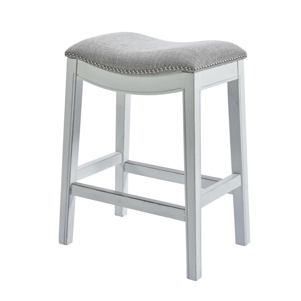 Homeroots Counter Height Saddle Style Counter Stool, Grey Fabric & Nail Head Trim White, 25.7 x 14.2 x 19.7 in. - 380062