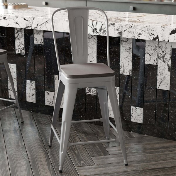 Flash Furniture 24" Silver Metal Counter Stool-Gray Poly Seat - CH-31320-24GB-SIL-PL2G-GG