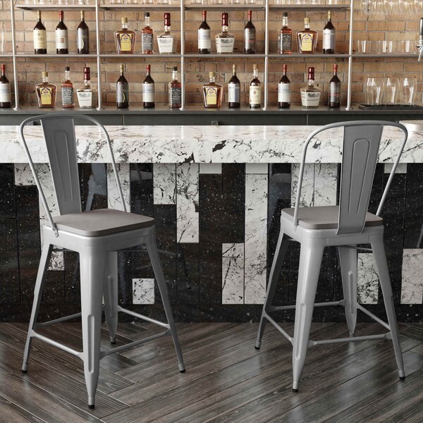 Flash Furniture 24" Silver Metal Counter Stool-Gray Poly Seat - CH-31320-24GB-SIL-PL2G-GG