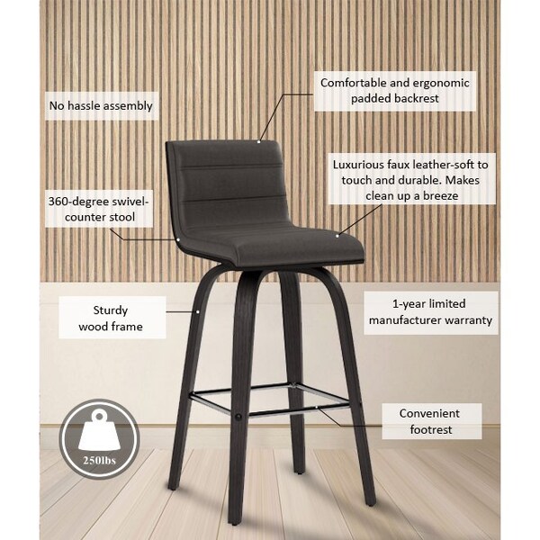 Armen Living Vienna 26" Swivel Counter Stool in Black Wood Finish with Gray Faux Leather - LCVIBAGRBL26