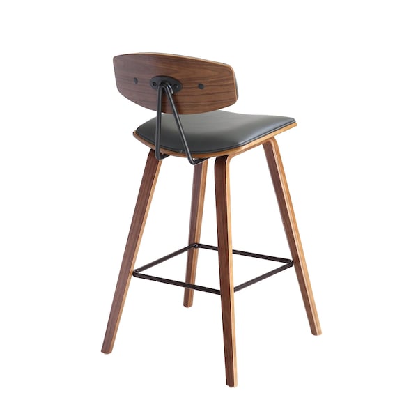 Armen Living Fox 25.5" Counter Height Gray Faux Leather and Walnut Wood Mid-Century Modern Bar Stool - LCFOBAWAGR26
