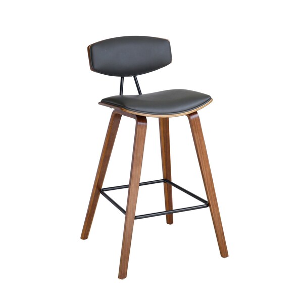 Armen Living Fox 25.5" Counter Height Gray Faux Leather and Walnut Wood Mid-Century Modern Bar Stool - LCFOBAWAGR26