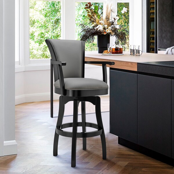 Armen Living Raleigh 26" Counter Height Swivel Gray Faux Leather and Black Wood Arm Bar Stool - LCRABAARBLGR26