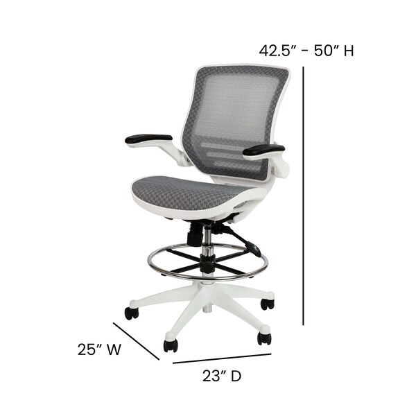 Flash Furniture Gray/White Mid-Back Drafting Chair - Flip-Up Arms - BL-LB-8801X-D-GR-WH-GG