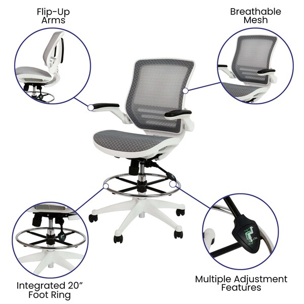 Flash Furniture Gray/White Mid-Back Drafting Chair - Flip-Up Arms - BL-LB-8801X-D-GR-WH-GG