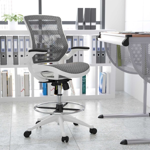 Flash Furniture Gray/White Mid-Back Drafting Chair - Flip-Up Arms - BL-LB-8801X-D-GR-WH-GG