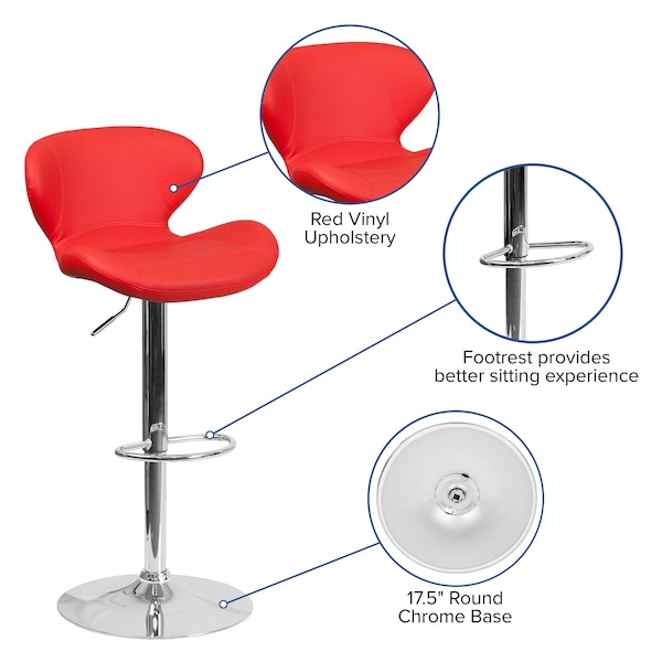 Flash Furniture Red Vinyl Barstool, Adj Height, Backrest: Curved - CH-321-RED-GG