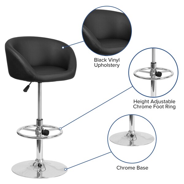 Flash Furniture Black Vinyl Barstool, Adj Height, Backrest: Barrel Back - CH-TC3-1066L-BK-GG
