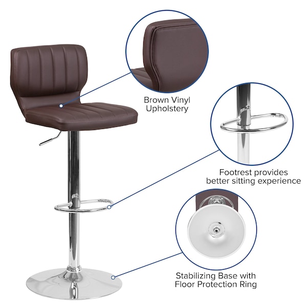 Flash Furniture Brown Vinyl Barstool, Adj Height, Frame Material: Metal - CH-132330-BRN-GG