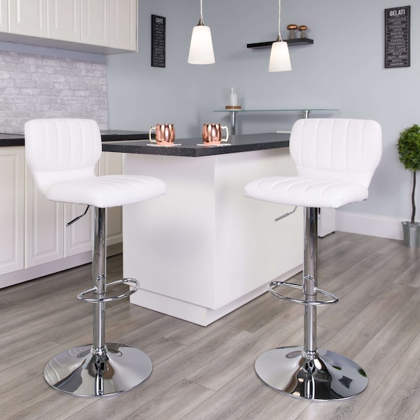 Flash Furniture White Vinyl Adjust Ht Barstool, Vertical Stitch Back, Chrome Base, PK2 - 2-CH-132330-WH-GG