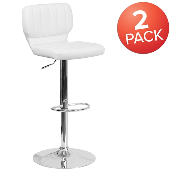 Flash Furniture White Vinyl Adjust Ht Barstool, Vertical Stitch Back, Chrome Base, PK2 - 2-CH-132330-WH-GG