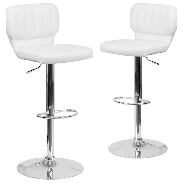 Flash Furniture White Vinyl Adjust Ht Barstool, Vertical Stitch Back, Chrome Base, PK2 - 2-CH-132330-WH-GG