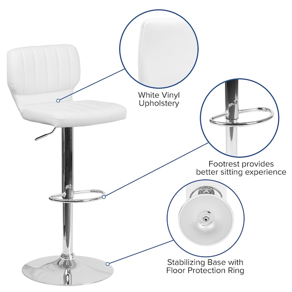 Flash Furniture White Vinyl Adjust Ht Barstool, Vertical Stitch Back, Chrome Base, PK2 - 2-CH-132330-WH-GG