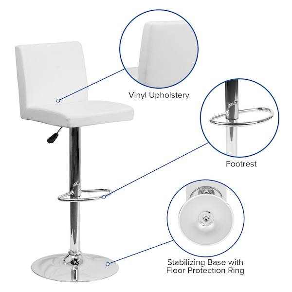 Flash Furniture White Vinyl Adjustable Height Barstool, Panel Back, Chrome Base, PK2 - 2-CH-92066-WH-GG