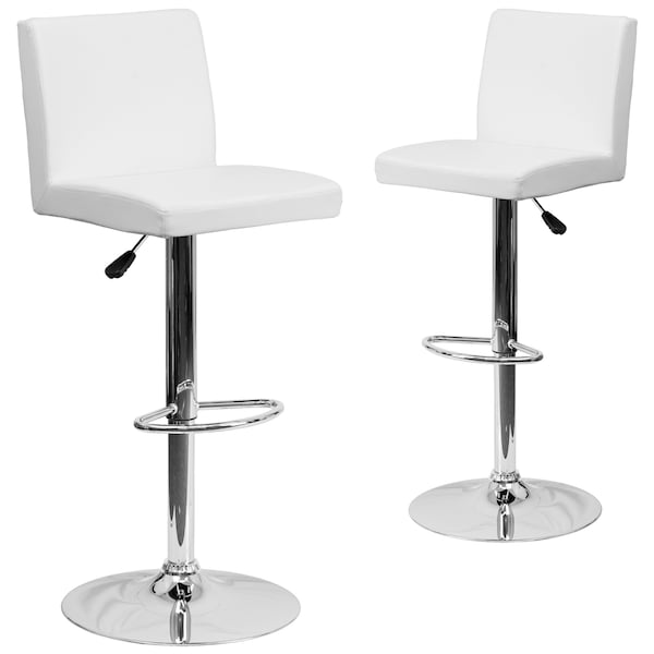 Flash Furniture White Vinyl Adjustable Height Barstool, Panel Back, Chrome Base, PK2 - 2-CH-92066-WH-GG