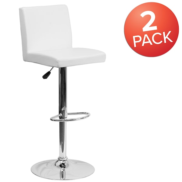 Flash Furniture White Vinyl Adjustable Height Barstool, Panel Back, Chrome Base, PK2 - 2-CH-92066-WH-GG