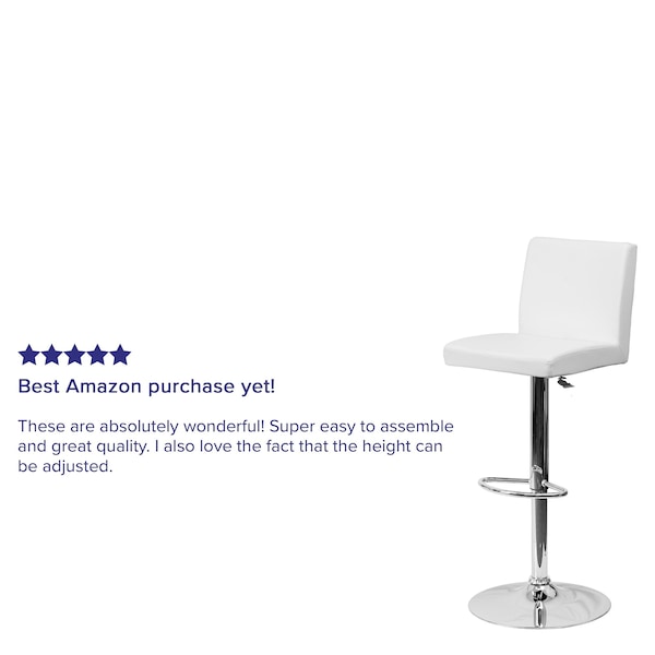Flash Furniture White Vinyl Adjustable Height Barstool, Panel Back, Chrome Base, PK2 - 2-CH-92066-WH-GG