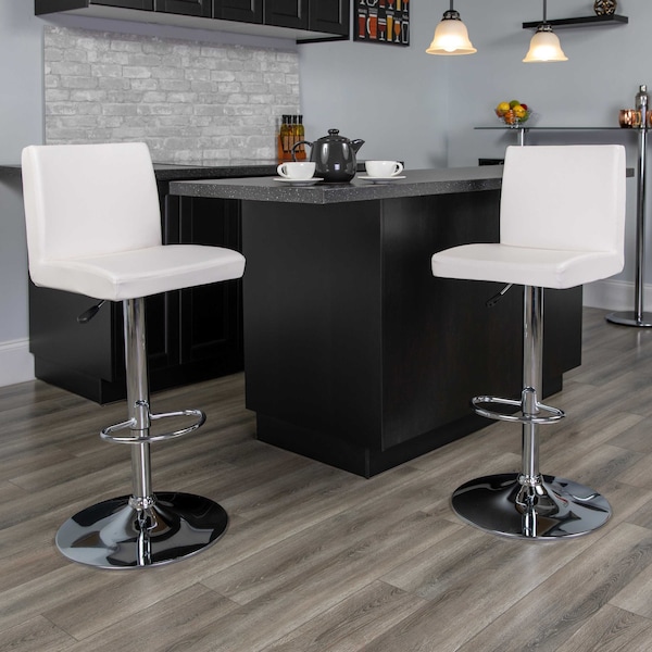 Flash Furniture White Vinyl Adjustable Height Barstool, Panel Back, Chrome Base, PK2 - 2-CH-92066-WH-GG