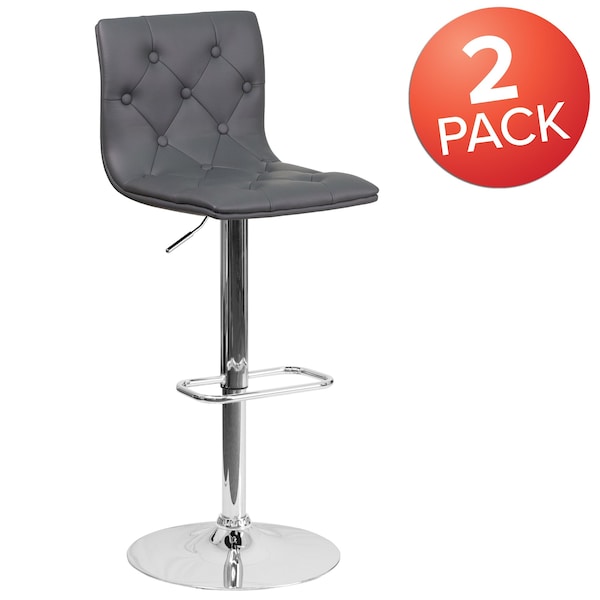Flash Furniture Button Tufted Gray Vinyl Adjustable Height Barstool, Chrome Base, PK2 - 2-CH-112080-GY-GG