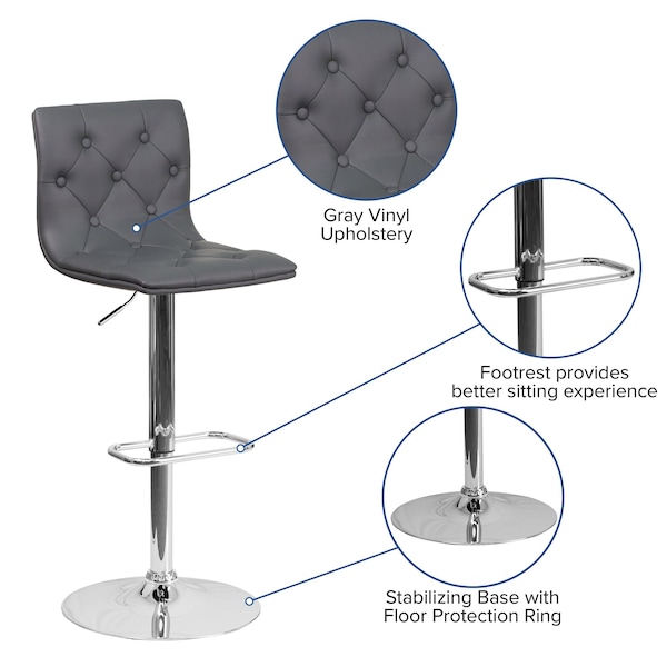 Flash Furniture Button Tufted Gray Vinyl Adjustable Height Barstool, Chrome Base, PK2 - 2-CH-112080-GY-GG