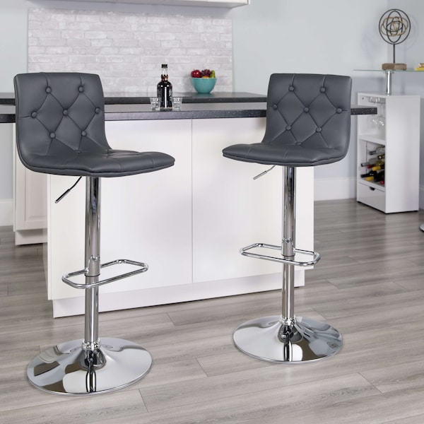 Flash Furniture Button Tufted Gray Vinyl Adjustable Height Barstool, Chrome Base, PK2 - 2-CH-112080-GY-GG
