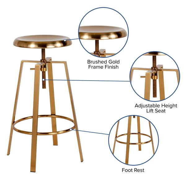 Flash Furniture Gold Adjustable Barstool, PK2 - 2-CH-181070-26S-GLD-GG