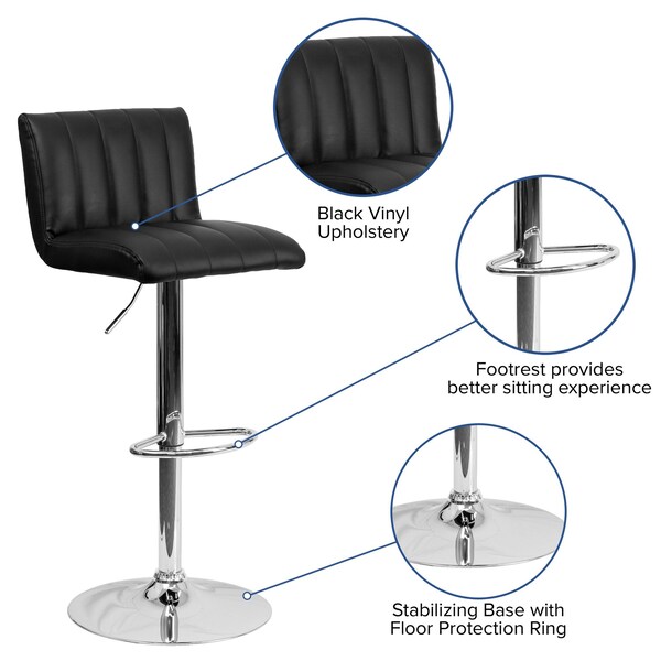 Flash Furniture Black Vinyl Barstool, Adj Height, Seat Height Range: 24-3/4" to 33-1/2" - CH-112010-BK-GG
